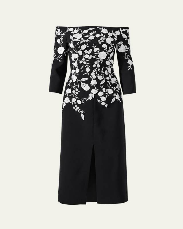 Floral Embroidered Off-Shoulder Midi Dress